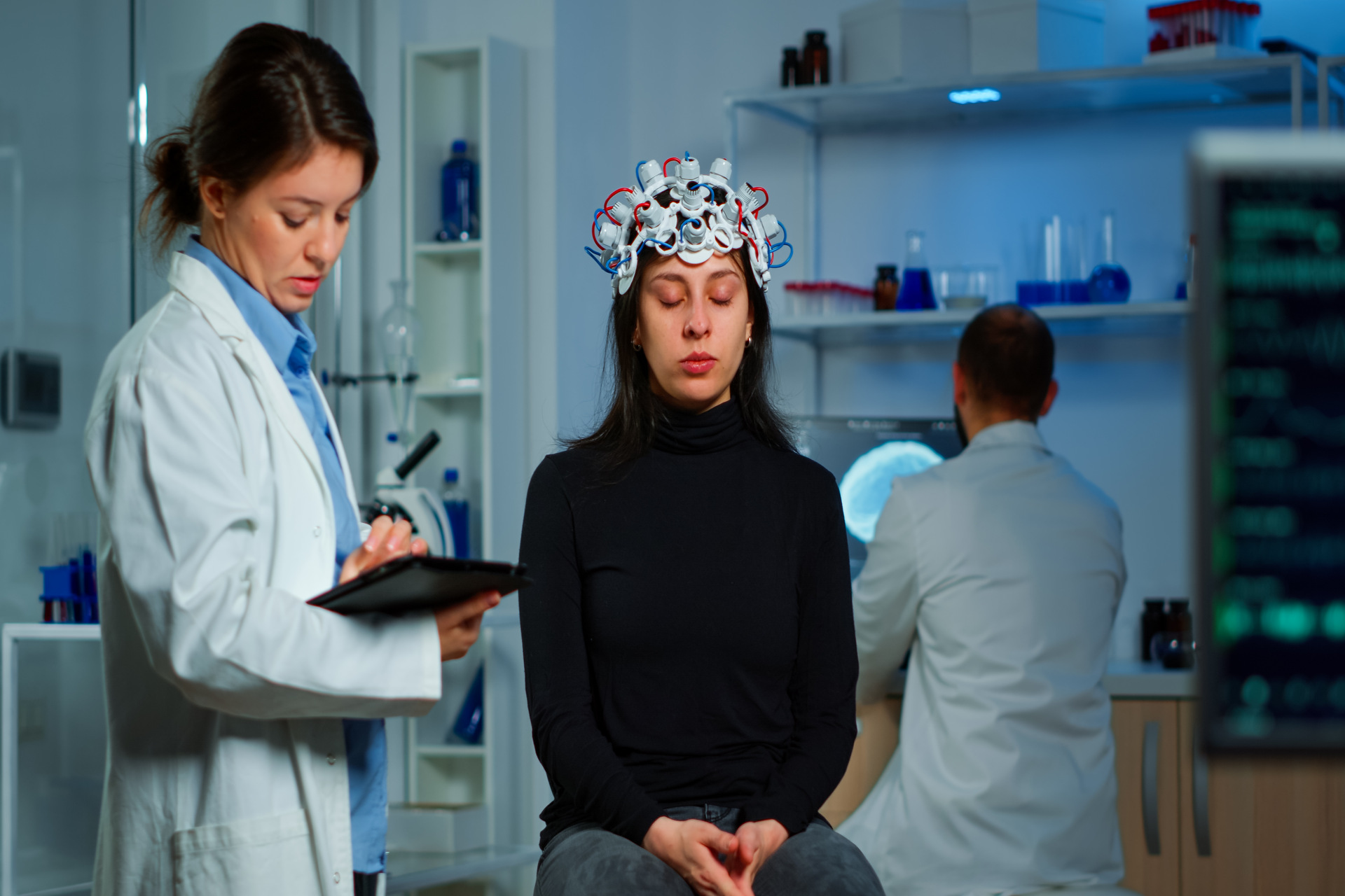 stressed patient sitting on neurological chair