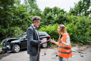 an-insurance-agent-talking-to-a-woman-driver-by-the-road