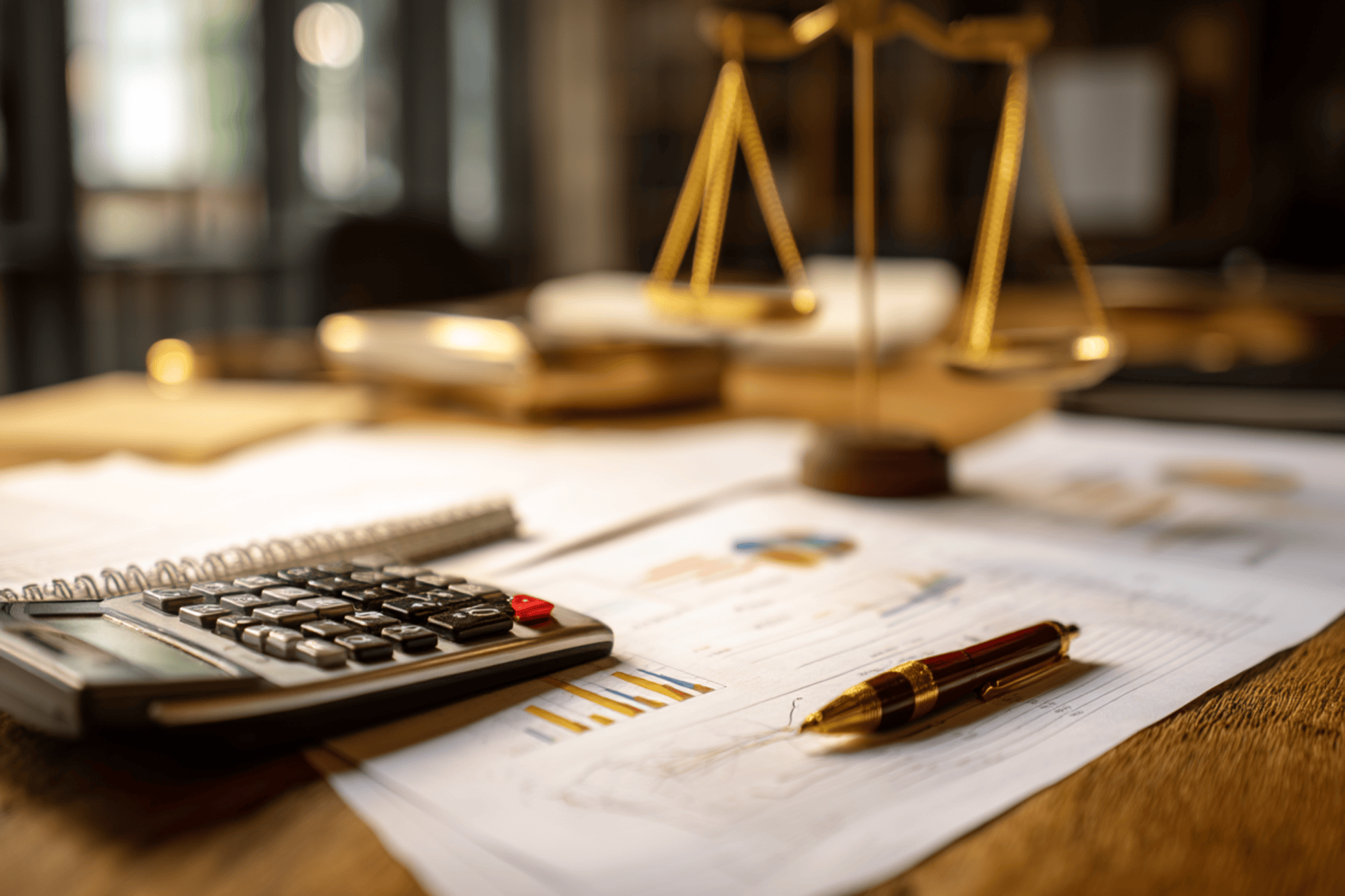 calculator papers and pen on desk in lawyer office