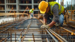 Construction worker wearing a yellow hard hat and safety vest, kneeling and working on steel rebar at a construction site.